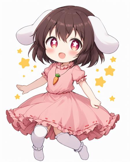 inaba tewi,1girl, solo, pink_dress, open_mouth, carrot_necklace, bamboo, blush, full_body, puffy_short_sleeves, ribbon-trimmed_dress, white_socks, looking_at_viewer, white_background, chibi, frilled_dress, :3, :d
<lora:inaba_tewi_image5751_2023-12-14-000008:1>,star-shaped_pupils,symbol-shaped_pupils,. gorgeous,key visual, vibrant, studio anime,award-winning, professional, highly detailed,high budget, cinemascope