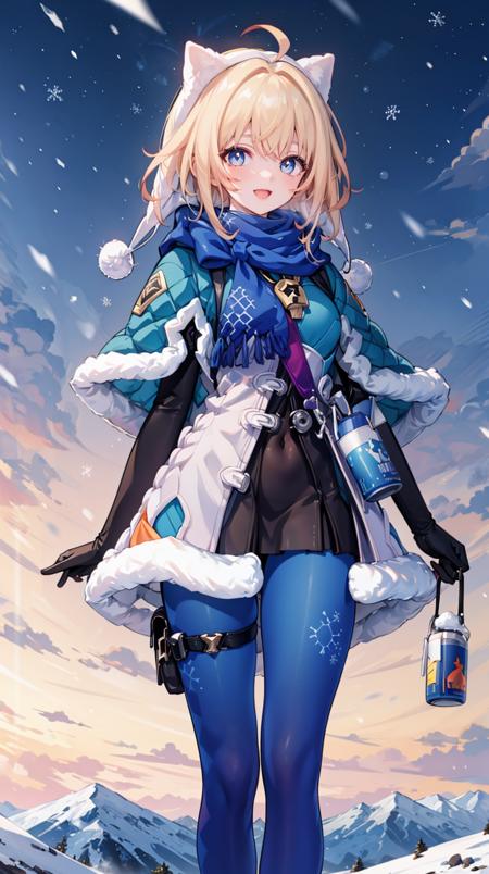 (extremely detailed CG, best quality:1.1), 1girl, perfect face, bright pupils, (finely detailed beautiful eyes:1.1), wide hips, narrow waist, scarf, fur trim, winter clothes, fur-trimmed capelet, print pantyhose, pom pom (clothes), backpack, fur-trimmed boots, elbow gloves, cowboy shot, small breasts, snowing,  :d, full body, standing, v legs, depth of field, <lora:LynxLandau:0.8>