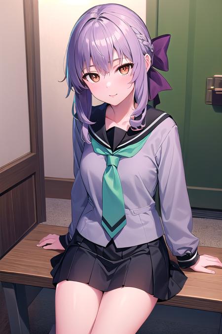 Shinoa Hiiragi, purple hair, braided hair, purple bow, purple ribbon, black shirt, white gloves, black thighhighs, boots Shinoa Hiiragi, purple hair, braided hair, purple ribbon, grey serafuku, green necktie, black kneehighs, black skirt,