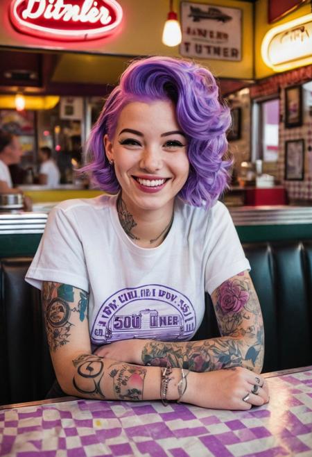 street photography photo of a young woman with purple hair, smile, happy, cute t-shirt, tattoos on her arms, sitting in a 50s diner