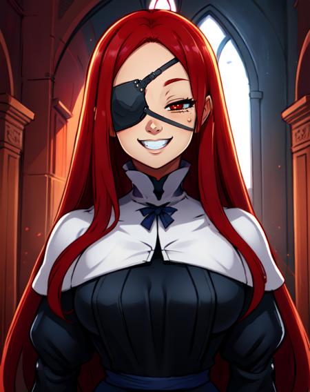 Marietta, right eyepatch, long red hair, grin, red eyes, standing, upper body, 
blue roped belt,long sleeves,black dress, fantasy, church,
 (insanely detailed, beautiful detailed face, masterpiece, beautiful detailed eyes, best quality)
 <lora:Marietta-10v6:0.8>