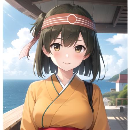 ((masterpiece)),(best quality),official art,extremely detailed CG,unity 8k wallpaper,ultra detailed,A lighthouse on a cliff by the sea,1girl,solo,upper body,(portrait:1.2),brown_hair,short_hair,headband,orange clothes,japanese_clothes,brown_eyes,smile,large_breasts,hakama_short_skirt,hakama_skirt,green hakama,blush,hachimaki,one_side_up,looking_at_viewer,<lora:Hiryuu(kan)>,