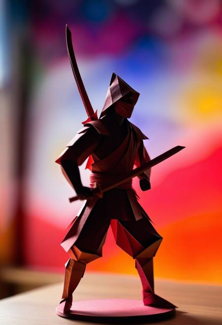 a picture of an origami of a ninja assasinating a samurai from the back made from a single sheet of multicolored gradient paper, the piece is displayed in a museum with many viewers in the background, bokeh