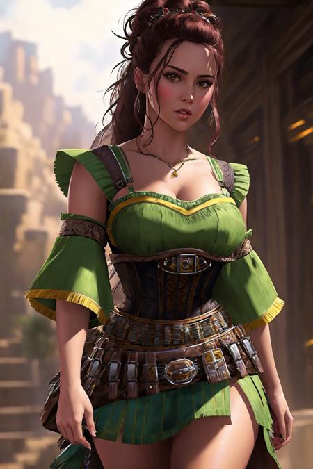 sexy senorita bandito western RPG character painting brunette hair upsweep updo emerald corset ammo bandolier vest skirt cantina interior billowing poncho
(masterpiece:1.4) (best quality:1.4) (8k) (HDR) (wallpaper) (cinematic lighting) (sharp focus) (intricate) (Style-Sylvamagic:0.5) (EvelynNobodySD15:1.0) <lora:oriArtstyleDreamlike_v8:0.2>