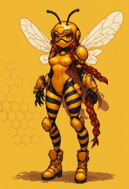 bee suit,wings,visorr,stinger,boots,striped, thigh boots, braid, gagged, orange thighhighs, claws, lipstick, blindfold, wariza, red hair, armor, open mouth, red leotard, artist name, large breasts, honeycomb background, red eyes, green thighhighs, english text, cuffs, single thighhigh,pixel art