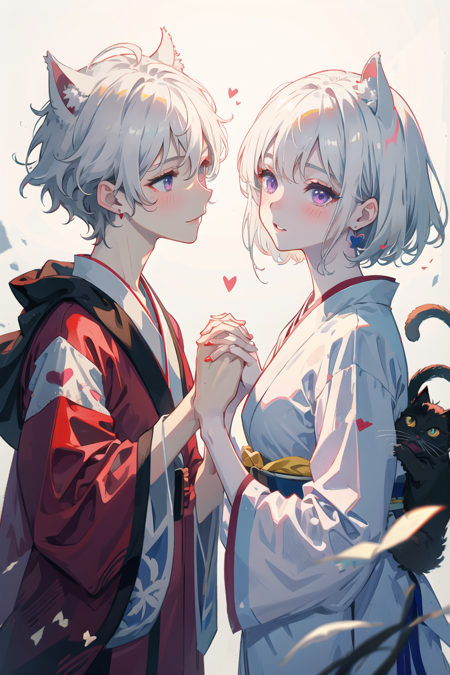 (1boy, 1girl), cat ears, short hair, silver hair, white hair, purple eyes, masterpiece, pov, medium breast, absurdres, messy hair, cute smile, winking, blushing, nice hands, simple background, Japanese clothes, kimono, side-by-side, holding hands, floating heart, heart earrings, white hair, full-face blush, looking at another, face-to-face,