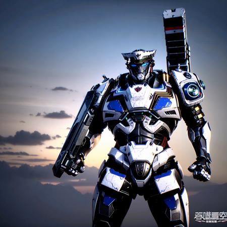 a robot with a gun in his hand and a helmet on his head, standing in front of a dark background, (autobot:0.519), (glowing:0.925), (glowing eyes:0.706), (holding:0.734), (holding sword:0.724), (holding weapon:0.847), (huge weapon:0.655), (machinery:0.612), (mecha:0.997), (no humans:0.527), (realistic:0.626), (robot:0.576), (science fiction:0.893), (shield:0.507), (solo:0.607), (sword:0.766), (weapon:0.921)