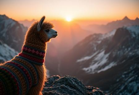 a cute brown alpaca, wearing colorful knit clothes, standing on a very tall mountain, cliff side, side profile, snowy alps, golden hour, diffused pink skyline, radiant god rays, distance shot