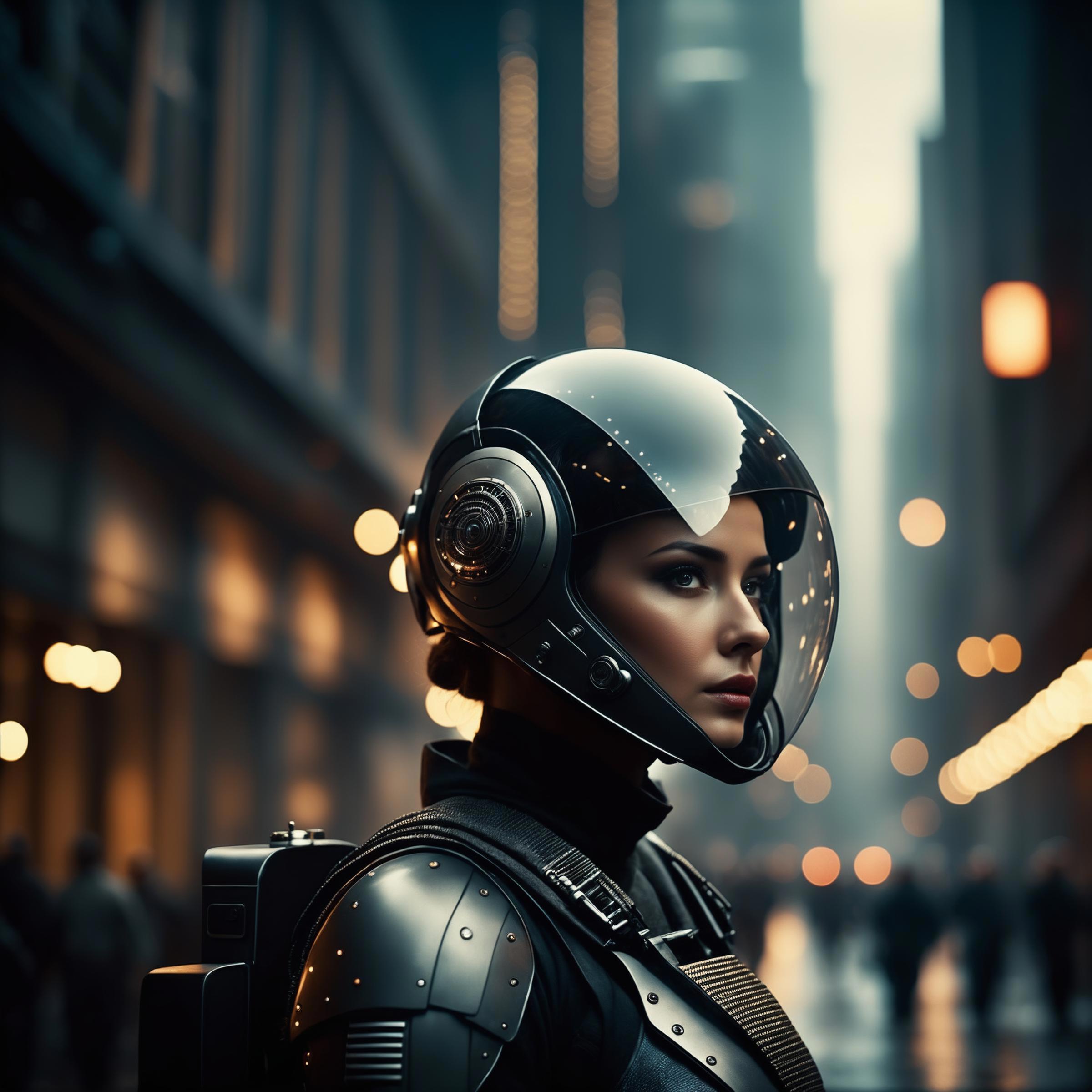 A female astronaut wearing a silver helmet and standing in a crowded city street.