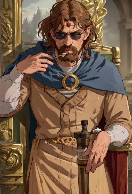 epic realistic, knyazkiv, solo, blue eyes,  SLE,  brown hair, 1boy,   male focus, cape, facial hair, headbang crown, beard, mustache, <lora:knyazkiv-15:0.55>
 sunglasses, smoking pipe, throne, cigar, (dark shot:1.22), neutral colors, (hdr:1.4), (muted colors:1.4), (intricate), (artstation:1.2), hyperdetailed, dramatic, intricate details, (technicolor:0.9), (rutkowski:0.8), cinematic, detailed