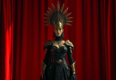 "voluptuous  Queen's Knight, standing tall and proud, wearing a dramatic spiked headdress and a black dress adorned with gold accents, positioned in front of a vibrant red curtain. The scene is set against a World Legacy in Shadow background  emphasizing the Queen's Knight as the focal point.keyhole-suit, The image captures a moment of stillness, with the Queen's Knight as a silent observer. Rendered in 4K quality with stunning details, lifelike features, and captivating lighting. The artistic style incorporates elements of Grammar Effect, Unreal Engine 5, and various digital illustration techniques, creating a cohesive and visually striking composition. The colors are harmonious, with a multi-colored palette that enhances the contemporary aesthetics of the scene. The background is attractively composed, with balanced editing and intentional focus, ensuring the Queen's Knight remains the central figure. The overall image is a masterpiece of digital art, perfect for trending on platforms like Artstation and CGSociety."