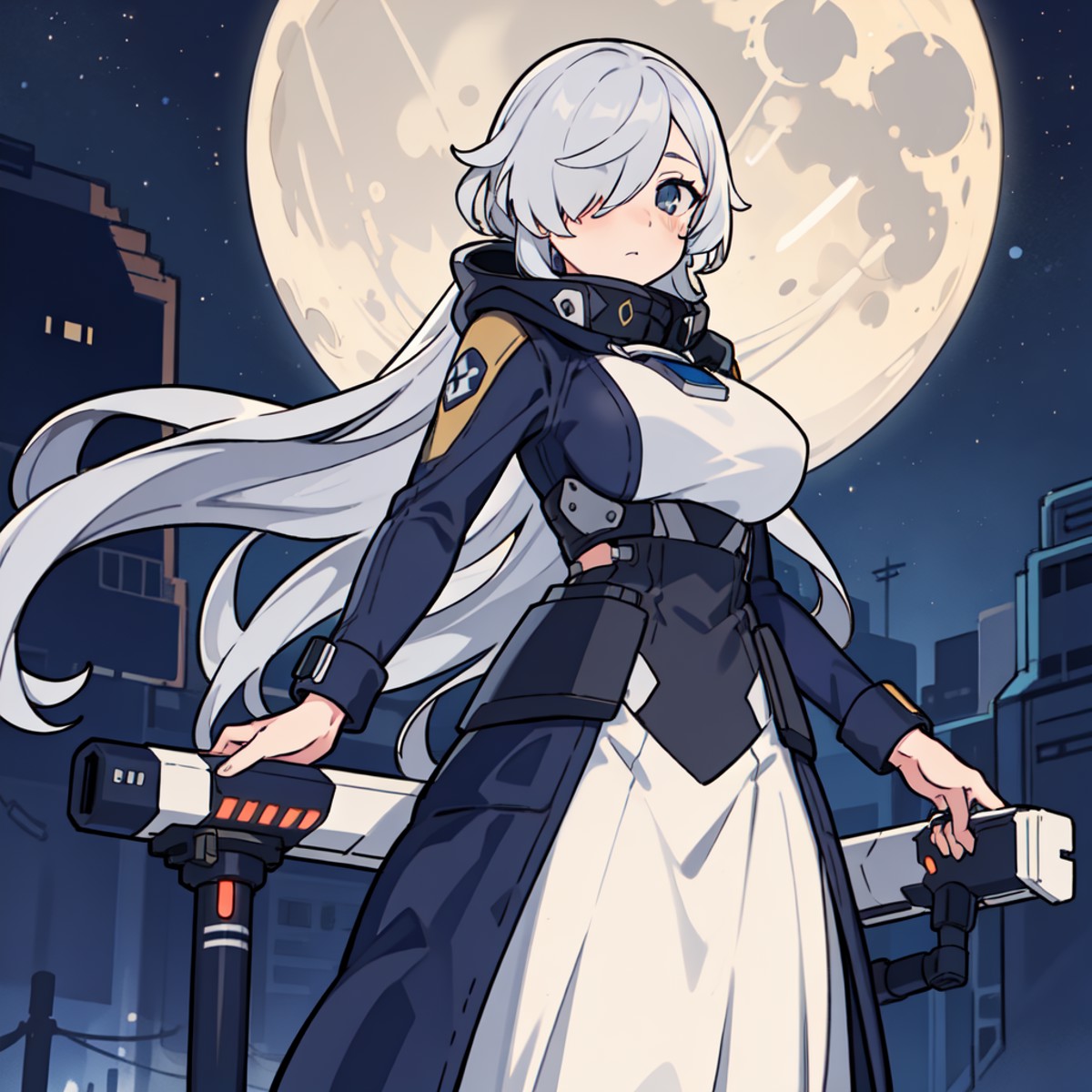 1girl, solo, rule of thirds, spaceship, night, full moon, standing, gray hair, very long hair, covered eyes, two-tone eyes...