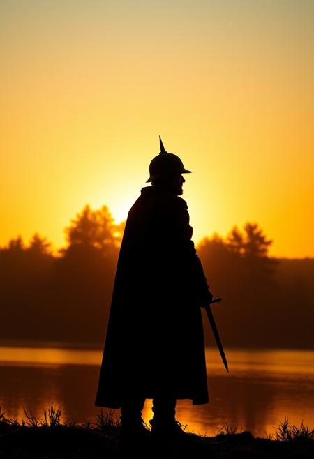 A lone figure stands at the fore, sword in right hand, gazing towards the right side of the immense screen before them. Wearing a helmet with a pointed top and a long, flowing coat, their silhouetted figure casts a striking presence against the warm, gradient-hued background. Trees and a serene lake recede into the distance, while the blue sky above is set aflame by the golden hues of sunset. The scene is bathed in a warm, golden light, as if the sun's rays are juxtaposed with the gentle glow of dawn, casting a mystical ambiance. As the figure's gaze pierces through the fading light, their subtle expression conveys a quiet contemplation, inviting the viewer to step into their world. Winner of the prestigious cinematography award, this shot is reminiscent of the iconic work of Terrence Malick, with its delicate balance of golden light, exquisite composition, and subtle emotional depth. Notably, the subtle grain of 16mm film, coupled with a precise color grading, imbues the scene with a timeless, dreamlike quality. The camera, positioned at a wide angle, captures the expansive landscape, drawing the viewer's eye towards the figure, as they stand, poised and still, at the threshold of the unknown. Nikkor lenses and Zeiss filters create a sumptuous, tactile quality, rendering each detail, from the subtle folds of the coat to the intricate textures of the tree bark, with breathtaking realism.