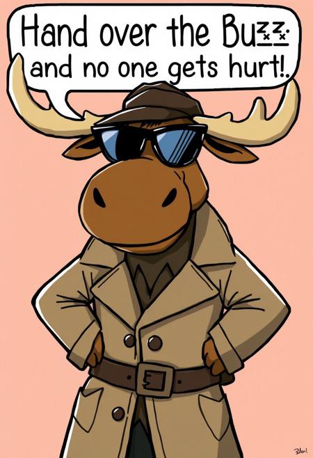 Cartoon Moose detective wearing a trenchcoat and dark shades, saying "Hand over the Buzz and no one gets hurt!"