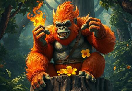 Fiery Gorilla, Brotherhood of the Fist, verdant forest. Orange fur, brown belt, yellow flower, green feet. Tree stump throne, dense foliage. Cinematic, Raphael style, splash ink illustration, dynamic action pose, octane render, Unreal Engine 5. Vivid emotions, joyful impact, golden ratio. Trending on Artstation, CGSociety. Beautiful detailed eyes, 4k, high-res, handcrafted precision, matte painting, grammer effect, isometric view, captivating lighting.