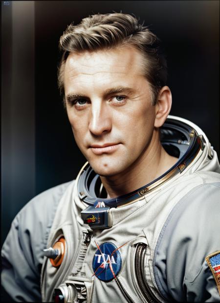 ( <lora:KirkDouglas:.8>)  Portrait photo of (kd1) man with short blonde hair, Detailed face, (perfect eyes), (realistic matte skin:1.1), perfect body, wearing  ((Apollo-Soyuz Test Project Spacesuit (ASTP)
 )), Modelshoot style, Professional Photography, soft  lighting, PHOTOREALISTIC, Realistic, standing in a dark studio background, blurred background, volumetric fog,. RAW, analog style, sharp focus, 8k, HD, DSLR, high quality, Fujifilm XT3, film grain, award winning, masterpiece,