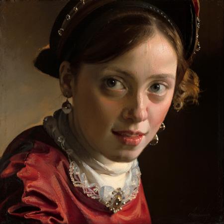 vermeer style, a painting of a womanin a red dress <lora:vermeer-000007:0.8>