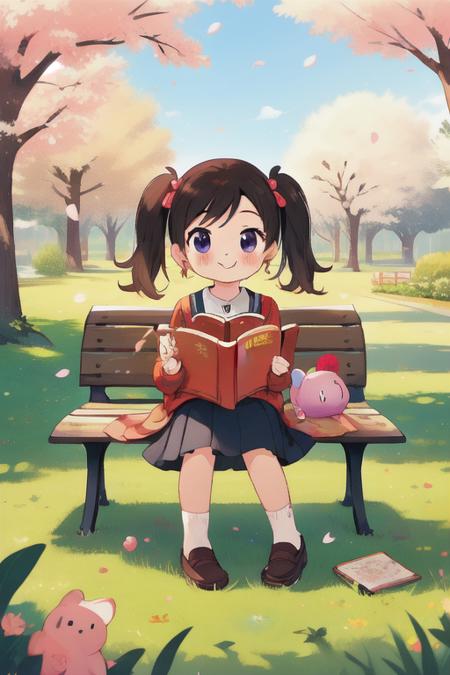 (masterpiece), (best quality), (extremely detailed), photo realistic, ((A child,small cute plush ball erringsï¼pigtailsï¼jumper skirt, A charming smile, reading picture-story book)), Parks, lawns, cherry trees, benches,