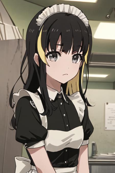 best quality, masterpiece, highres, solo, {maid:1.40}, {long maid dress:1.15}, {tsubaki_ando_shirobako:1.15}, black_hair, multicolored_hair, streaked_hair, blonde_hair, long_hair, bangs, black_eyes, grey_eyes