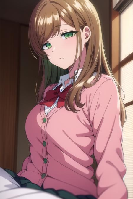 minakosanada, <lora:minakosanada-lora-nochekaiser:1>, 
minako sanada, long hair, brown hair, (green eyes:1.5),
BREAK long sleeves, bow, school uniform, bowtie, red bow, cardigan, pink cardigan,
BREAK looking at viewer,
BREAK indoors, classroom,
BREAK <lora:GoodHands-vanilla:1>, (masterpiece:1.2), best quality, high resolution, unity 8k wallpaper, (illustration:0.8), (beautiful detailed eyes:1.6), extremely detailed face, perfect lighting, extremely detailed CG, (perfect hands, perfect anatomy),