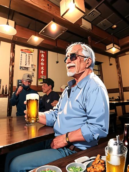 masterpiece, best quality, ultra-detailed, illustration,
murayakuba, izakaya, scenery, ceiling light, indoors, stool, reflection, menu, counter, shop, bottle, ceiling, lamp, poster (object), 
(older man), silver hair , short cut, (mascular male:1.5), (sunglasses), cowboy hat, laughing, beer mug, beer, salad, food,karaage, 
 <lora:Murayakuba:0.8>