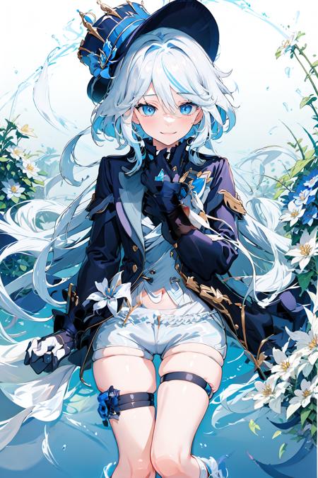 -Focalors, 1girl, hat, solo, long hair, gloves, shorts, looking at viewer, ahoge, long sleeves, thigh strap, jacket, signature, blue jacket, closed mouth, blue flower, smile, bangs, ascot, thighs, tilted headwear, white shorts, blue ascot, white background, hand up, hair over one eye, hat flower<lora:Focalors_20230831151016:1>