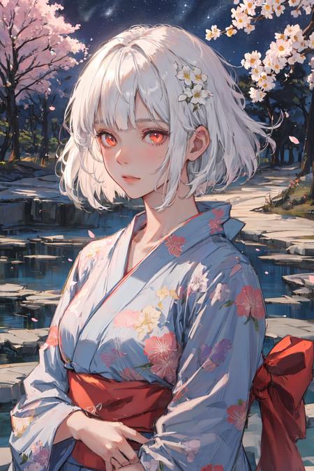 1girl, yukata, white hair, flower, bob cut, cherry tree, (hundreds of flowers), hairpin, intricate, (ornaments detailed), warm colors, egypician detail, highly intricate details, realistic light, trending on cgsociety, glowing eyes, facing camera, ultra realistic details, global illumination, shadows, lake, octane render, 8k, windy, (night sky)