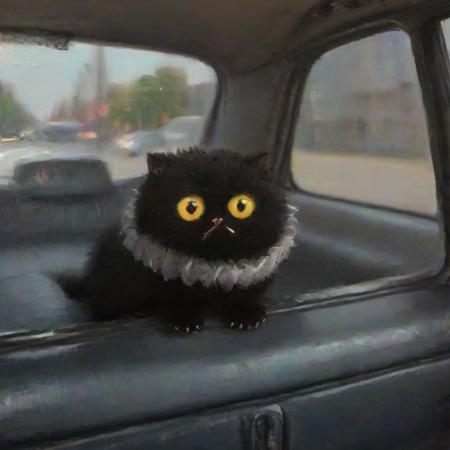 <lora:SDXL_Vanessa Stockard_Sa_May-000011:1>   a very small black cat with jabbo, in Australian big City, in the car