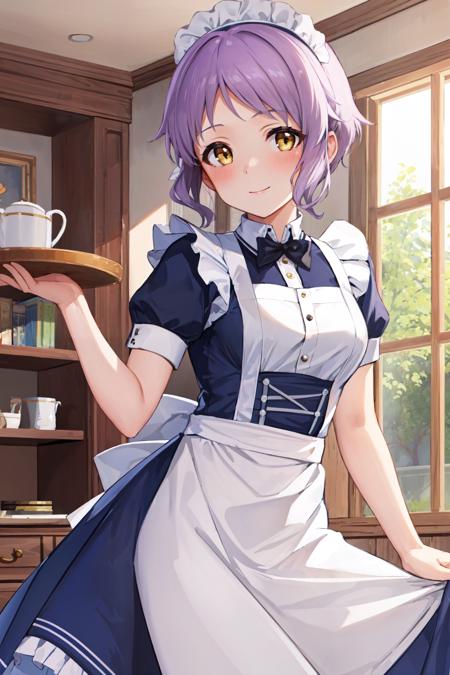 (masterpiece, best quality:1.4), looking at viewer, cowboy shot, smile, blush, mizuki makabe, purple hair, short hair, yellow eyes, maid headdress, maid, apron, indoors, victorian, steampunk, <lora:mizuki_makabe_v1(5):0.7>