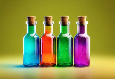 POV, frontal light, Hyper-realistic, detailed, elfish style, flat texture, game item, fantasy style, threesome bottles, multiple-colored magic potion in matted glass bottle, centered, side view, diffuse texture, simple colored background