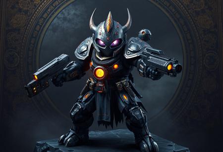 "Imagine a hyper-detailed 8K digital artwork of a Stardust Assault Warrior, rendered in Unreal Engine 5 with Octane lighting. The warrior stands in a dynamic isometric pose, arms and legs spread wide, gripping a massive gun on the right and a compact one on the left. Its face is illuminated with vibrant, expressive eyes, while its clothing shimmers with intricate, handcrafted textures. The background is a moody, ornate matte painting, balanced with golden ratio proportions, and the scene is framed for cinematic impact. The composition emphasizes sharp focus, vivid emotions, and a powerful, action-ready atmosphere."