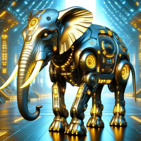 DonMX3n0T3chXL, a cyber elephant, masterpiece, best quality, highly detailed, sharp focus, dynamic lighting