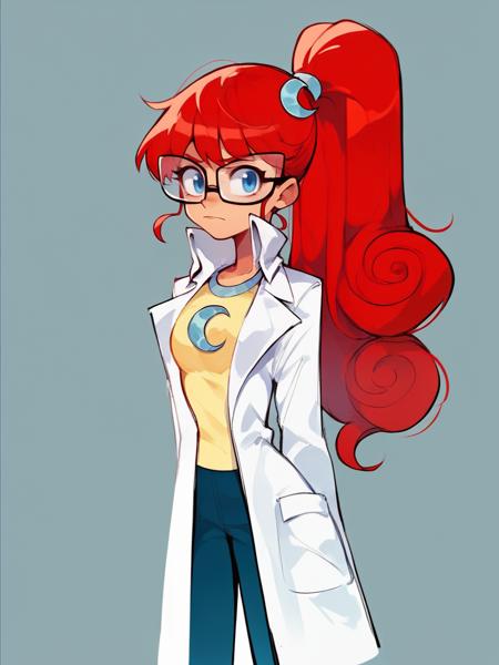 jt, labcoat, glasses, red hair, long hair, susan test, 1girl, blue eyes, star (symbol), skirt, solo jt, labcoat, glasses, red hair, long hair, 1girl, mary test, blue eyes, crescent, ponytail, solo,  jt, labcoat, glasses, red hair, long hair, susan test, 2girls, blue eyes, mary test,