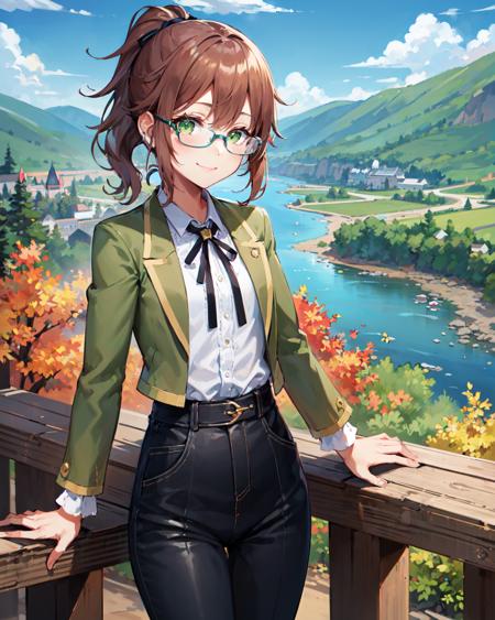 best quality, (masterpiece:1.2), illustration, absurdres,
(1girl), (solo), (beautiful detailed girl),  
<lora:TowaKuro2-06:0.8>, Towa Herschel, brown hair, ponytail, hair ribbon, green eyes, petite, small, short, flat chest, small breasts,
blue glasses, green jacket, white shirt, black neckwear, black pants, green shoes
overlooking distant mountains, distant river, (pine forest), autumn colors, sky, clouds, intricate, detailed background,, looking at viewer, smile