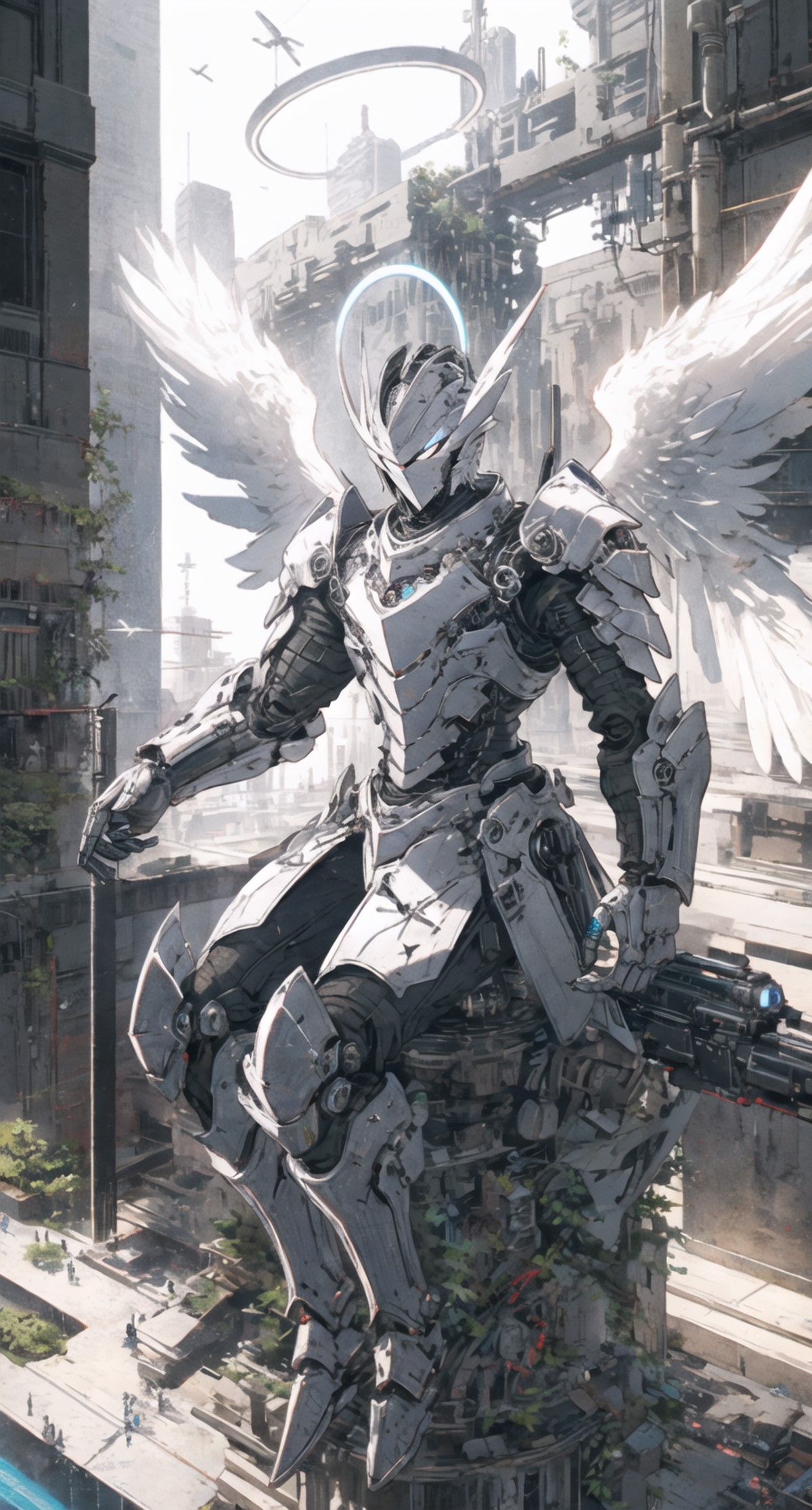 mechangel, wings, solo, sitting,armor, halo, building, mechanical wings <lora:mechaangelv2-noise:1>