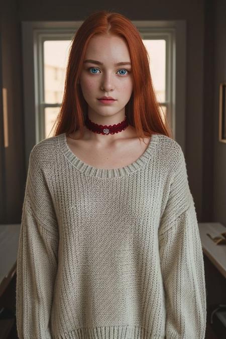 raw photo, (18yo redhead girl:1.2), makeup, rouge, neck lace choker, realistic skin texture, oversize knit jumper, red eyes, softcore, warm lighting, cosy atmosphere, Instagram style