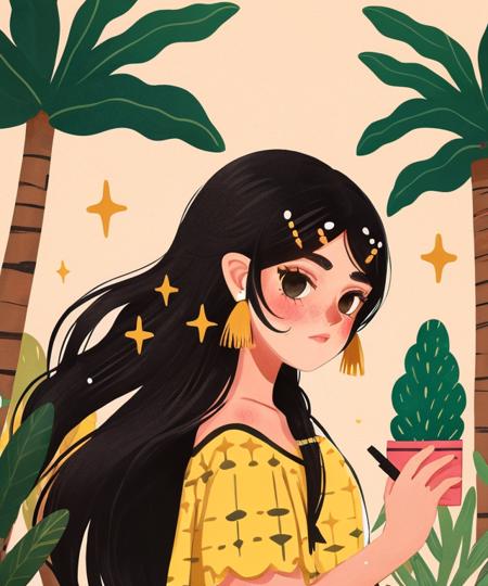 Illustration, women, girl,long hair,black hair,blush,plant,holding,bangs,upper body,sparkle,shirt,bag,black eyes,shoulder bag,hair ornament,hand up,looking at viewer,yellow shirt,from side,pen,blunt bangs,short sleeves,