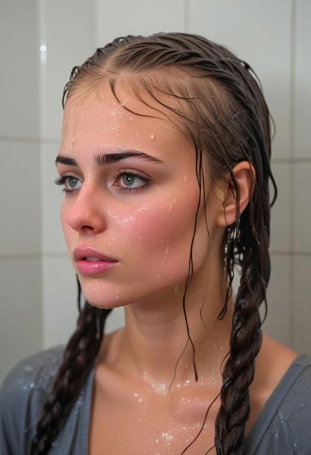 portrait of a very beautifull young woman,22 years old, ( ((soaking wet hair))),(((under the shower))) dripping wet Braids),(((in the rain))), Long wet braided  hair,(((drenched hair))), ((clinging wet hair)),  blonde hair,((( sweet hairstyle))), Erotic, romantic face. ((Big eyes)),broad lips, straight nose. ((High depth of field)), f22. 
((side view)) (( Profile Photo)), Erotic face expression