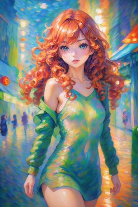 modern digital impressionism, oil painting, 1girl, woman, summoner, bombshell hair, copper hair, curly hair, long hair,Curtain Bangs, thicc athletic build, small breasts, chinese<lora:EnvyImpressionismXL01:1>