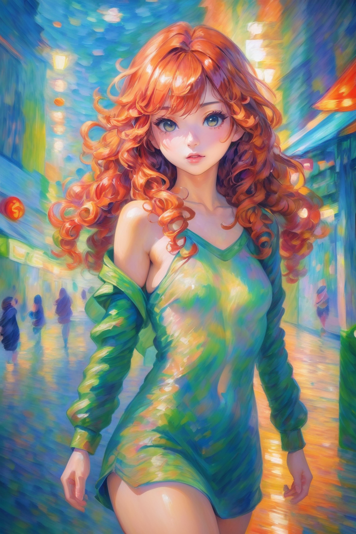 modern digital impressionism, oil painting, 1girl, woman, summoner, bombshell hair, copper hair, curly hair, long hair,Cur...
