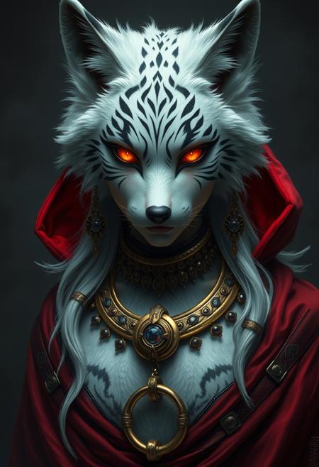 Create an image of a mystical female girl with wolf ears intricate tribal markings, adorned in elaborate jewelry and accessories, set in a dark, atmospheric environment. The character should have a mysterious and powerful aura, with detailed white fur texture with black stripes and glowing split eyes and human face. wearing a (((single thick, gold ring collar around her neck, smooth and shiny, resting just above her collarbone, the collar looks like a ((((((((((single ring)))))))))) with a slightly oval cross section look with a (((((leash-ring attached at front)))))))), red cape, red riding hood