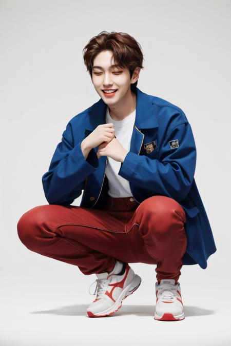 1man,male,<lora:ShinwonKo>,Shinwon,solo,big smile,teeth,smile,grin,short hair,open mouth,brown hair,long sleeves,1boy,jacket,full body,closed eyes,white shirt,male focus,pants,blue background,squatting,sneakers,red jacket,red pants,jumpsuit,looking at camera,looking at viewer,perfect hands,backlight,subsurface scattering,absurdres,perfect anatomy,realistic proportions,perfect lighting,sharp focus,85mm lens,side lighting,(vibrant colors),film still,HDR,photographed by Canan EOS R6,135mm,1/1250s,f/2.8,ISO 400,photorealistic,