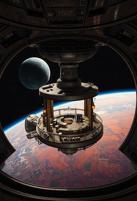 An outside view of an orbiting coffee bar in space, exterior views, docking spacecraft, high orbit, blue planet, cosmic sci-fi vibes, red planet, no atmosphere