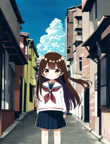 masterpiece,chibi,portait,morning sunshine,school uniform,arms cross,brown hair,solo,outdoors,serafuku,skirt,long hair,brown eyes,pleated skirt,cloud,looking at viewer,wind,neckerchief,long sleeves,sailor collar,sky,bangs,white shirt,hair ribbon,black skirt,hair tucking,city background,street,