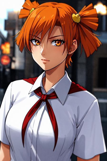 (dark shot:1.4), 80mm, dvache, 1girl, solo, looking at viewer, short hair, shirt, hair ornament, twintails, blurry, white shirt, upper body, short sleeves, orange hair, orange eyes, short twintails, , heart hair ornament , twintails, standing, <lora:dvache:0.65>   arrogance