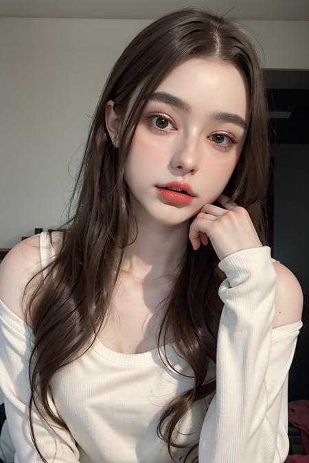 <lora:dashaTaran_v10:0.5>, <lora:InsgirlTara_v10:0.75>, wearing sweater, 1girl, long_hair, solo, breasts, looking_at_viewer, lips, realistic, upper_body, brown_eyes, cute, pale skin, realistic humid skin, extremely detailed face, extemely detailed eyes, v-shaped slim face, kpop makeup, BREAK, lanky, 173cm, 49kg, supermodel shape, 8.5 heads figure, small breasts, toned butt, thigh gap