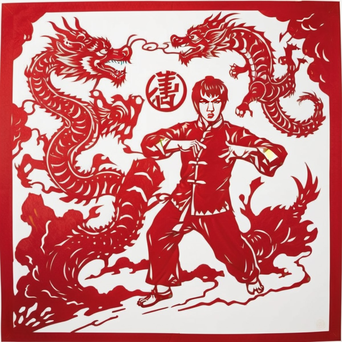 The image is a traditional Chinese paper-cut art piece, featuring the iconic figure of Bruce Lee in action, capturing the ...