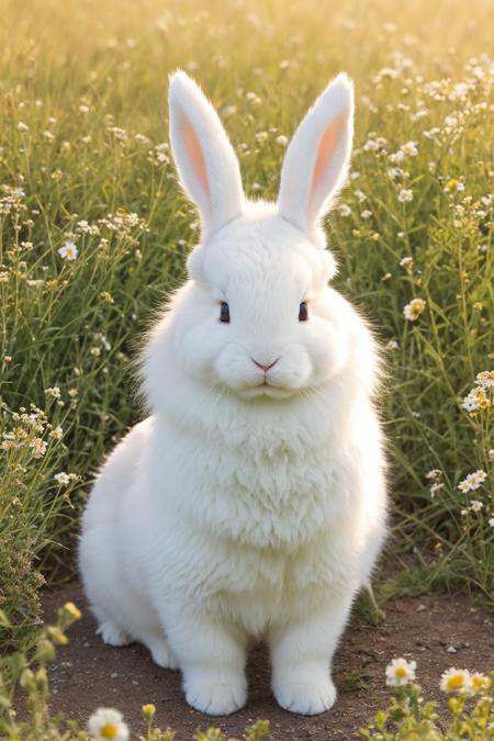 A fluffy white bunny sitting in a grassy meadow with wildflowers, golden hour sunlight, soft shadows, hyper-detailed fur, big glossy eyes, realistic animal photography, Canon DSLR shot, shallow depth of field, natural beauty, 8k photo