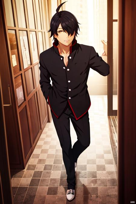 masterpiece,bestquality,ultra-detailed,Cinematic Lighting,llustration,masterpiece, best quality, araragi koyomi, solo, school uniform, 1boy, male focus, black hair, naoetsu high school uniform, hair over one eye, ahoge, perspective, checkered floor, gakuran, hand on own head, shoes, from above, looking at viewer, standing, skatesrealistic and detailed clothes, fine fabric emphasis, photorealistic, (extremely detailed), detailed hair, best resolution, best quality, best resolution, best quality, (Masterpiece), extremely detailed face, Original Character, perfect lighting, best colors, colorful, beautiful, fine detail, ultra high resolution, Natural Volumetric Lighting And Best Shadows, Deep Depth Of Field, (Highest Quality, Amazing Details:1.4),  <lora:Koyomi Araragi:0.7>