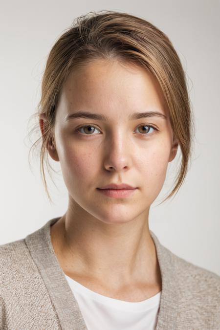 Softly lit headshot of a young woman in everyday clothes against a white background,  exuding warmth and understated elegance